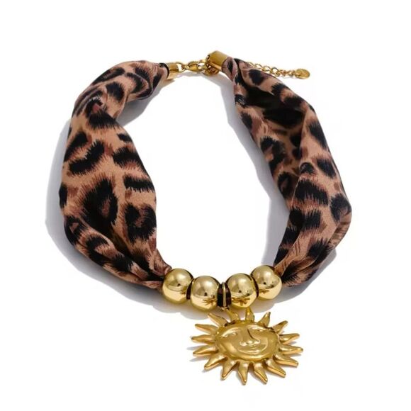 Leopard Print Scarf Necklace with Gold Sun Pendant – Bold, Glamorous & U… - Picture 4 of 11